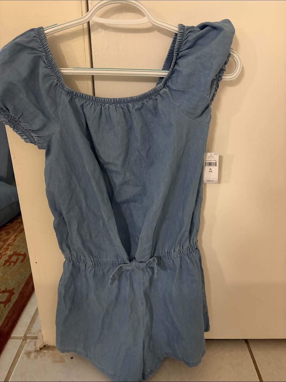 GAP Light Blue Girls Denim-Style Romper with Tie Waist